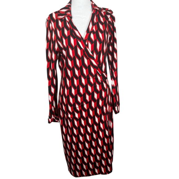 Diane Von Furstenberg Womens Red Geometric Wrap Dress Sz 10 Jeanne Silk Career - Picture 1 of 10